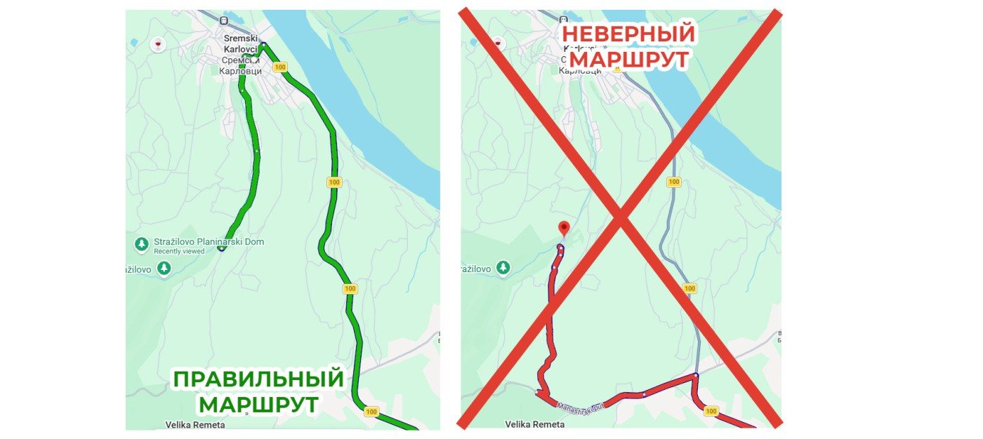 Две карты рядом: слева правильный маршрут через Сремски Карловцы, отмеченный зелёным; справа перечёркнутый красным неверный маршрут с юга через Велика Ремета